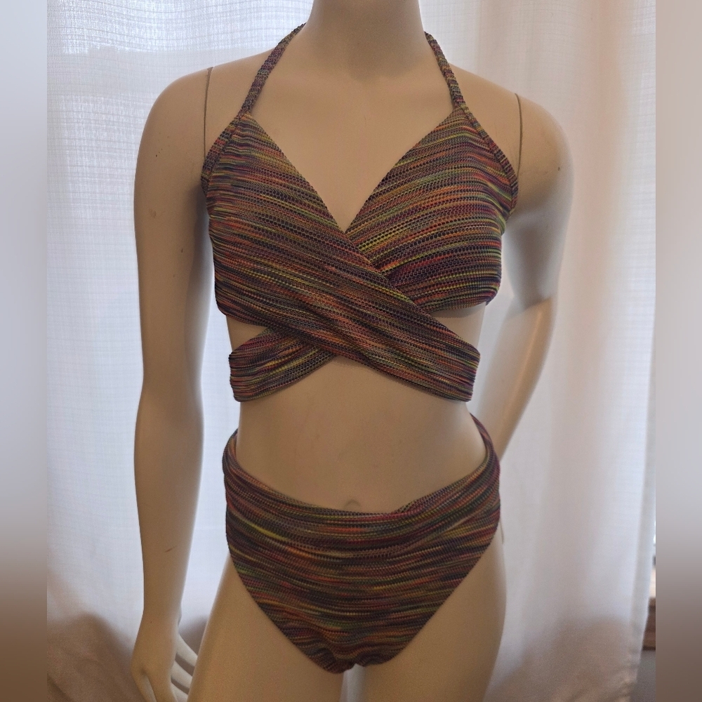 Cross-Wrap Multicolor Halter Bikini Top and High Waist Bottoms